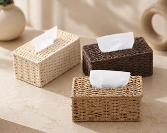 C Tissue Box Cover, Woven Tissue Box Holder, Handmade Style Tissue Storage Box, Rustic Home Decor, Bathroom & Living Room Organizer