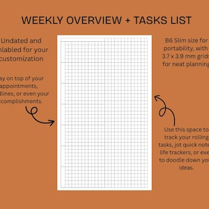 Könnte beinhalten: Eine weiße B6-Planerseite mit Rastermuster, ideal für die wöchentliche Aufgabenverwaltung. Die Seite enthält den Text "WEEKLY OVERVIEW + TASKS LIST". Die Seite ist undatiert und unbeschriftet, mit 3,7 x 3,9 mm Raster.