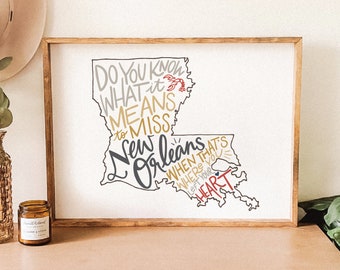 Arte imprimible // Nueva Orleans // Mapa del estado de Luisiana // Descarga digital instantánea (sin impresión física enviada por correo) // Arte de pared de decoración del hogar