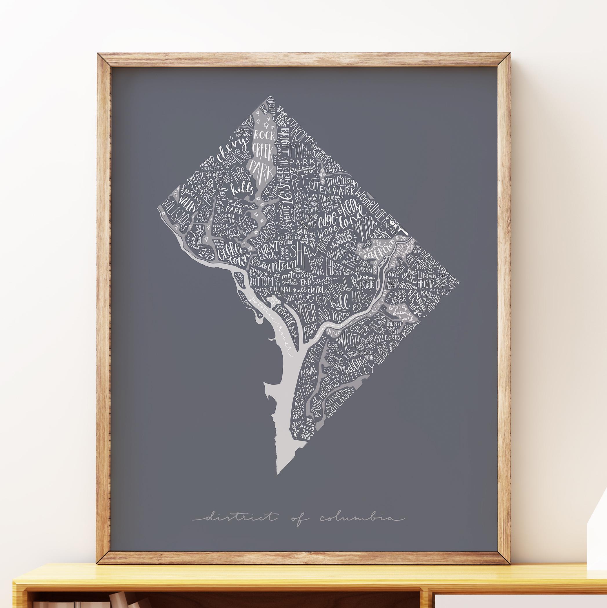 Washington DC Neighborhoods Map Poster in Gray: Hand Lettered Art Print ...
