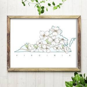 Kunstprint // Virginia Dogwoods wit // Handgetekende staatskaart 5 x 7 of 8 x 10