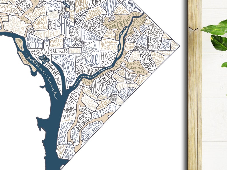 Washington DC Neighborhoods Map Poster: Hand Lettered Art Print - Etsy ...