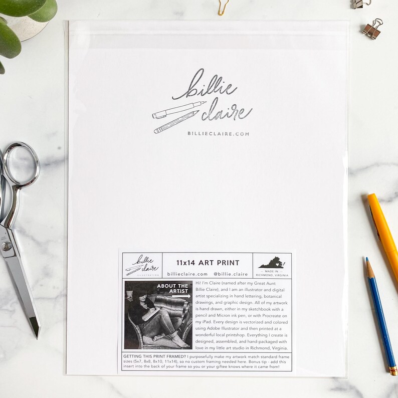 May include: An 11x14 art print in a clear plastic sleeve. The print features the artist's signature and website, along with text describing the artist's process. A pencil and pen are visible.