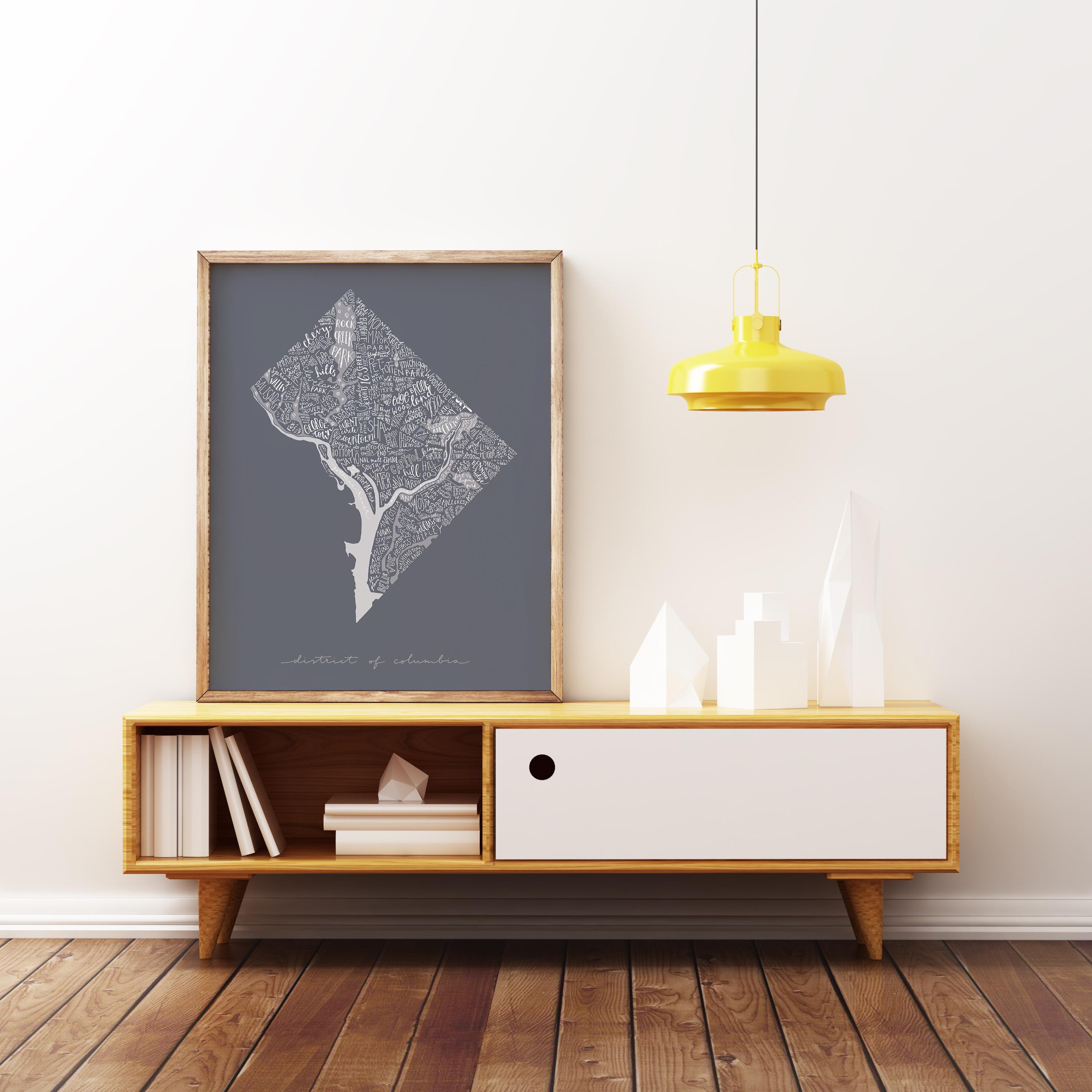Washington DC Neighborhoods Map Poster in Gray: Hand Lettered Art Print ...