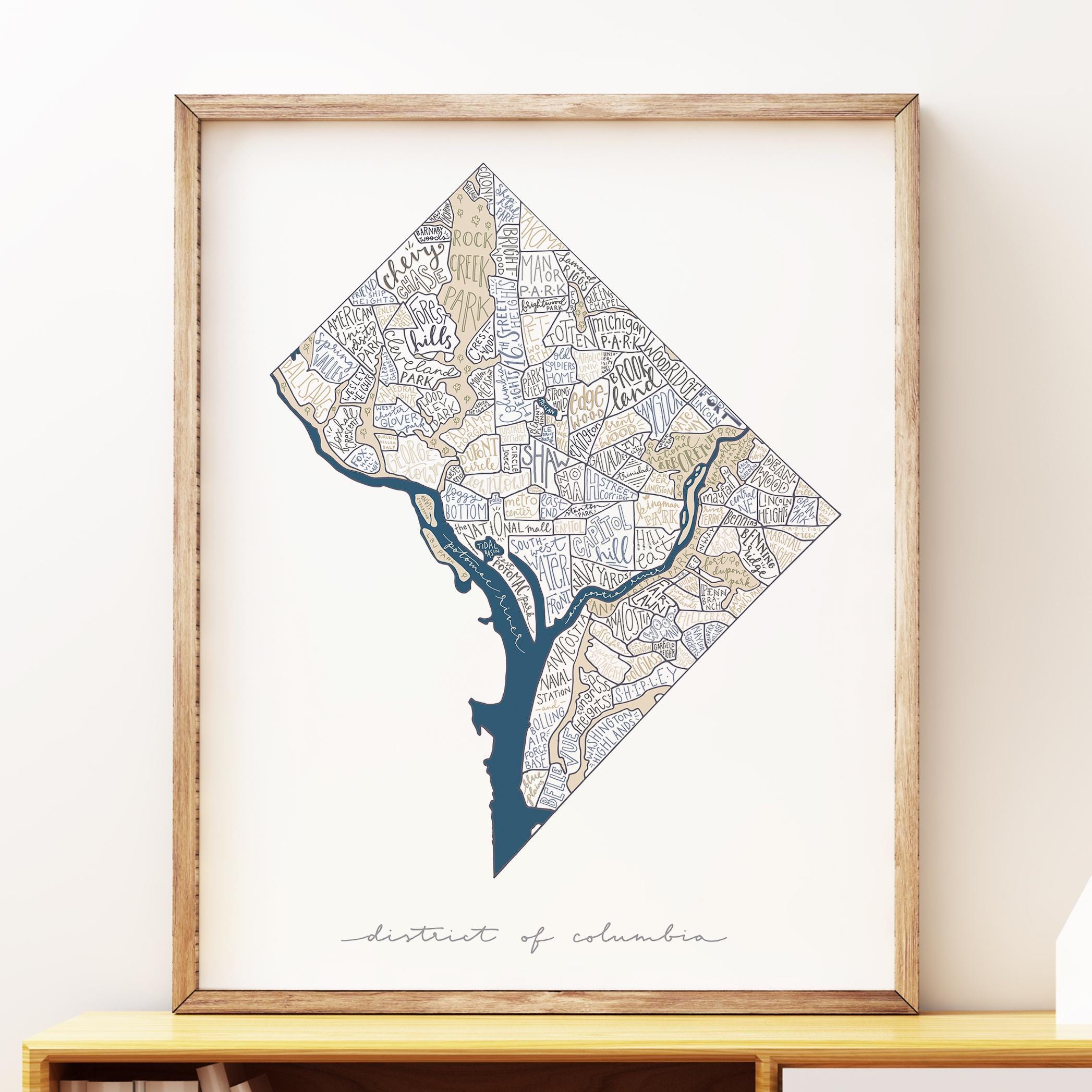 Washington DC Neighborhoods Map Poster: Hand Lettered Art Print - Etsy