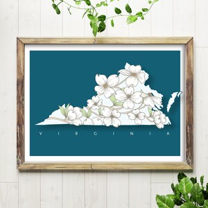 Art Print //Virginia Dogwoods Teal // Handgetekende staatskaart 5 x 7 of 8 x 10