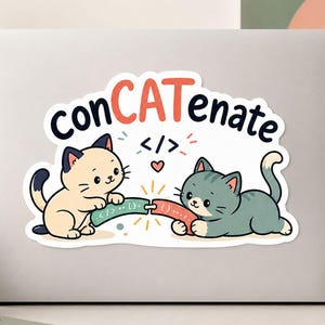 Coding Cat Sticker, conCATenate Programmer Pun, Funny Developer Gift for Computer Science Students, Laptop and Water Bottle Vinyl Decal