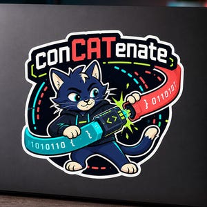 May include: A sticker featuring a dark blue cat wearing a hoodie, connecting a teal binary code strip to a red binary code strip. The text conCATenate is printed in white and red above the cat. The design includes green sparks and code symbols.