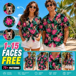 May include: Short-sleeved button-down shirts featuring a repeating pattern of dog faces and bright pink hibiscus flowers on a dark green tropical leaf background. The shirts have a classic collar and a button-up front, showcasing a vibrant print.