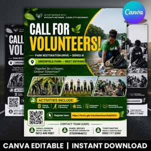 Pode incluir: Um folheto verde e branco para um evento de voluntariado de restauração de parques. Inclui fotos de pessoas a limpar um parque, o texto amarelo CALL FOR VOLUNTEERS, um código QR e contactos dos líderes de equipa no Greenfield Park.
