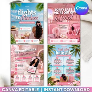 May include: Four pink and white promotional flyers for a hair salon. The flyers advertise travel hair packages, out-of-office notice, appointment availability, and a hair sale. Each flyer features text and images related to the salon's services.