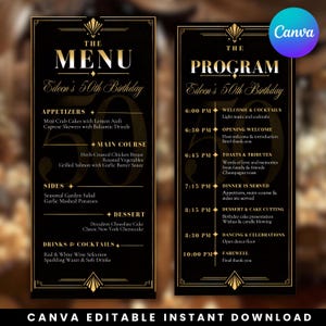 Puede incluir: Un conjunto de papelería para eventos en negro y oro que incluye un menú y un programa para el 50 cumpleaños de Eileen. Ambas tarjetas muestran una elegante tipografía dorada, bordes geométricos y detalles art déco con platos y horarios.