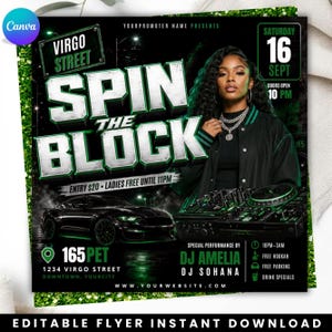 Puede incluir: Un folleto promocional titulado Spin The Block con una persona en chaqueta negra, un coche deportivo negro y equipo de DJ. El texto incluye Saturday 16 Sept, 10 PM, 165 Pet 1234 Virgo Street, DJ Amelia, DJ Sohana y detalles del evento.