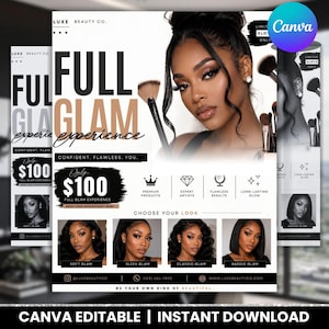 May include: A promotional graphic for Luxe Beauty Co. featuring a woman with makeup and a makeup brush. Text includes "Full Glam Experience," "Confident, Flawless, You," and "Only $100." The graphic also showcases different glam styles.