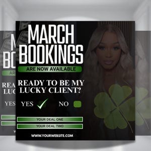 Può includere: Grafica promozionale nera e verde con il testo "MARCH BOOKINGS ARE NOW AVAILABLE". Presenta una donna con lunghi capelli biondi e un quadrifoglio. È visibile anche il testo "READY TO BE MY LUCKY CLIENT?"