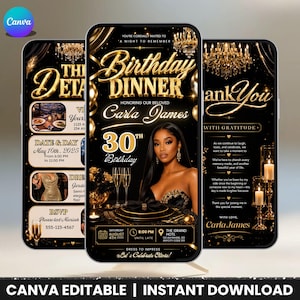 Luxury Gold Birthday Dinner Evite, Elegant Women's Digital Invitation, Editable Canva Template, Classy Gold ,DIY Text, Instant Download