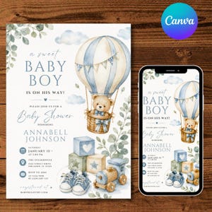 Könnte beinhalten: Eine Babyparty-Einladung mit einem Aquarell-Teddybären in einem blau-cremefarbenen Heißluftballon, Holzklötzen, einer Spielzeugeisenbahn und blauen Babyschuhen. Der Text lautet: A sweet baby boy is on his way! Please join us for a baby shower honoring Annabell Johnson.