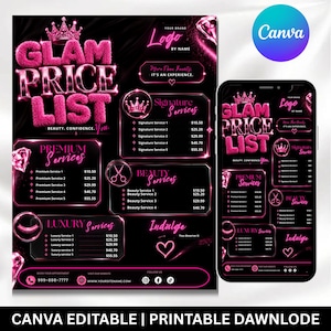 Beauty Price List Template | Salon Service Menu Canva | Lash Nail Hair Stylist Menu | Braider Wig Makeup Pricing Guide | Editable Printable