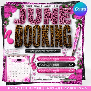 Puede incluir: Un folleto rosa y con estampado de leopardo con el texto "JUNE BOOKING". El folleto incluye un calendario para junio de 2026, un bolígrafo y el texto "YOUR DEAL HERE". El folleto está diseñado para descarga instantánea.