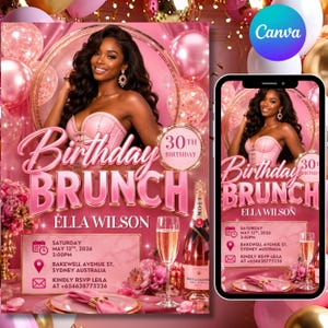 Pink Floral Birthday Brunch Invitation with Photo, Editable Canva Template (Digital Download)