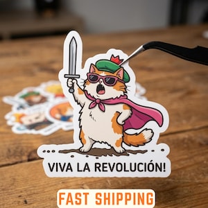 May include: A sticker featuring a cartoon cat with orange and white fur, wearing sunglasses, a green beret, and a pink cape, holding a sword. The text "VIVA LA REVOLUCIÓN!" is below the cat.