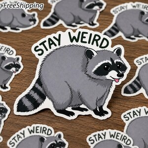 May include: A die-cut sticker featuring a cartoon raccoon with grey fur, a black eye mask, and a striped tail. The raccoon has its tongue sticking out. Above the raccoon, the text STAY WEIRD is printed in a dark green, bold, sans-serif font.