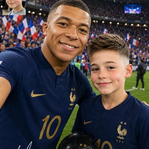 Puede incluir: Una camiseta de fútbol azul oscuro con un logo Nike dorado, un emblema de gallo FFF dorado con dos estrellas y el número 10 en dorado. Un balón de fútbol negro con un emblema de gallo dorado y dos estrellas se sostiene frente a una persona.