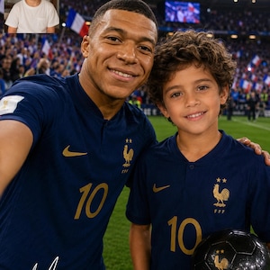 Puede incluir: Una camiseta de fútbol azul oscuro con el logo de Nike en dorado, el escudo de la Federación Francesa de Fútbol con dos estrellas y el número 10 en dorado. La camiseta la llevan un atleta profesional y un niño que sostiene un balón negro.