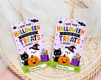 Editable Halloween Favor Tags, Printable Kids Classroom Treat Tag, Cute Cat and Ghost Canva Template