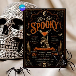 May include: A rectangular Halloween party invitation card featuring a black background with orange text and illustrations of a skeleton hand holding a martini glass, candles, bats, and spiderwebs. The text reads Let's Get Spooky, Eat, Drink and be Wicked, Costumes Encouraged, and includes event details for October 26th.