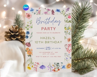 One Little Wildflower First Birthday Invite, Wildflower 1st Birthday Invite, 1st Birthday Invitation, Spring Floral Editable Template