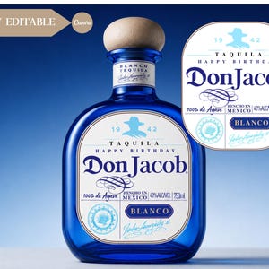 May include: A blue tequila bottle with a wooden stopper. The label reads "Don Jacob" with "Blanco" and "100% de Agave" details. The bottle contains 750ml of tequila and is 40% alcohol.