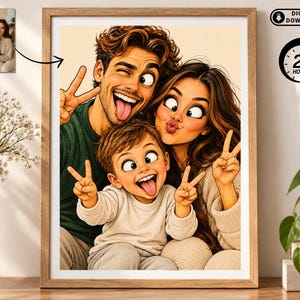 May include: A framed digital illustration of a family of three, including a man, a woman, and a young child, all making playful faces with their tongues out and fingers in peace signs. The artwork is displayed in a wooden frame on a surface.