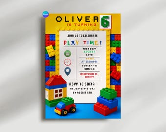 Building Blocks Birthday Invitation, Bricks Invite, Kids Birthday Party Invitation, Construction Party Theme, Editable Canva Template