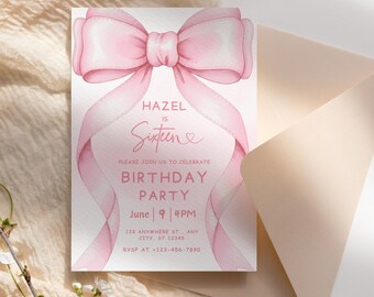 Pink Bow Birthday Invitation, Girl Pink Birthday Invite, Coquette Pink Bow Invitation, Pink Girl Ribbon Birthday Invitation, 5x7 Canva