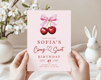 Cherry Birthday Invitation Girl: Red Bow Party Template (Digital Download)