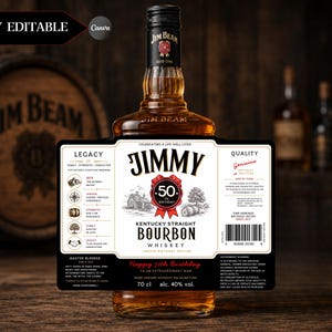May include: A glass bottle of Kentucky Straight Bourbon Whiskey with a custom 50th birthday label. The label features the name Jimmy, a red ribbon graphic, a barcode, and text detailing legacy and quality. The bottle contains 70 cl at 40% alc. vol.