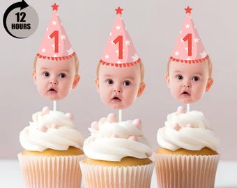 Gingham Birthday face hat cupcake topper for first birthday photos party hat cupcake decoration face on stick Spring Pastel Birthday cupcake