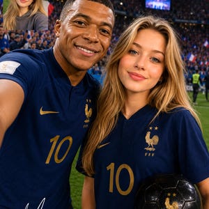 Puede incluir: Dos personas visten camisetas de fútbol azul oscuro con el número 10 en dorado, un emblema de gallo dorado y dos estrellas. Una persona sostiene un balón de fútbol negro con un gallo dorado y dos estrellas, frente a un estadio.