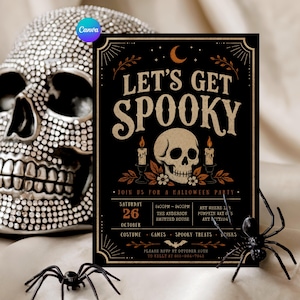 May include: A rectangular black Halloween party invitation card with gold text reading LET'S GET SPOOKY, featuring a central skull illustration, two lit candles, a crescent moon, and event details including date, time, and location for the party.