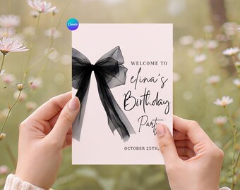 Black Bow Birthday Invitation Template | Elegant Birthday Party | Minimalist Black & White Birthday Invitation | Editable Canva Template