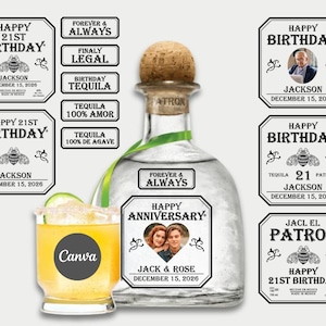 May include: A clear glass tequila bottle with a cork stopper, featuring a custom label that reads Happy Anniversary with a photo of Jack and Rose. The set includes several rectangular and square adhesive labels with various birthday and anniversary text.