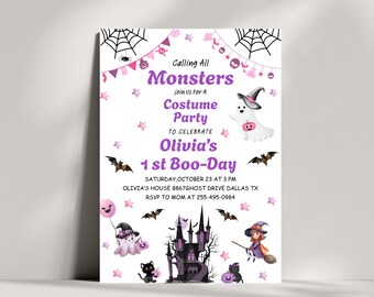 Spooky One Pink Halloween Birthday Party Invitation,EDITABLE Cute Pink Ghost 1st Birthday Spooktacular Halloween Invite, 1st Boo Day Invite