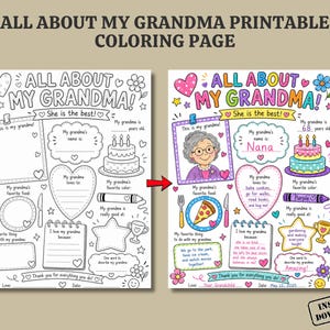 Peut inclure: Une page de coloriage imprimable intitulée All About My Grandma avec des espaces vides pour écrire, un cadre de dessin, un gâteau d'anniversaire, une assiette avec une pizza, un crayon et un trophée, en noir et blanc et en version colorée.