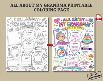 All About My Grandma Printable Coloring Page, Mother's Day, Grandparent's Day Activity, Gift for Grandma