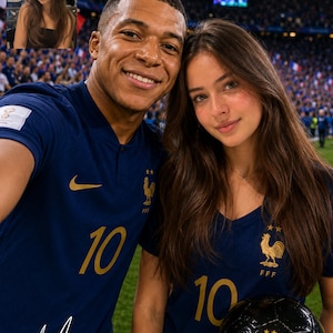 Puede incluir: Una camiseta de fútbol azul oscuro con el número 10 en dorado, un logo de Nike dorado y el emblema del gallo de la Federación Francesa de Fútbol en dorado con dos estrellas. La camiseta la llevan dos personas, una de ellas sostiene un balón negro.