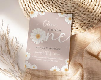 Daisy Birthday Invitation, Flower 1st Birthday Invite, Daisy Invitation, Girls 1st Birthday, Wildflower, Boho Daisy Invitation, Pink Daisies