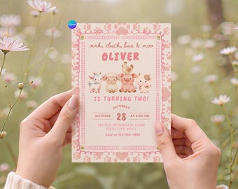 Editable Pink Farm Birthday Invite, Farm Animals Birthday Invitation, Barn Animals Invite For Girls, Floral Barnyard Animals Party Invite