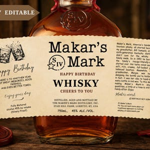 May include: A bottle of Makar's Mark whisky with a custom label for a birthday. The label includes the text "Happy Birthday Whisky" and details about the distillery. The bottle is 750ml and 45% alcohol by volume.