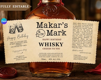 Printable Maker's Mark Label, Personalized Bourbon Label, Custom Whisky Gift Birthday Wedding Anniversary Graduation 750 ml